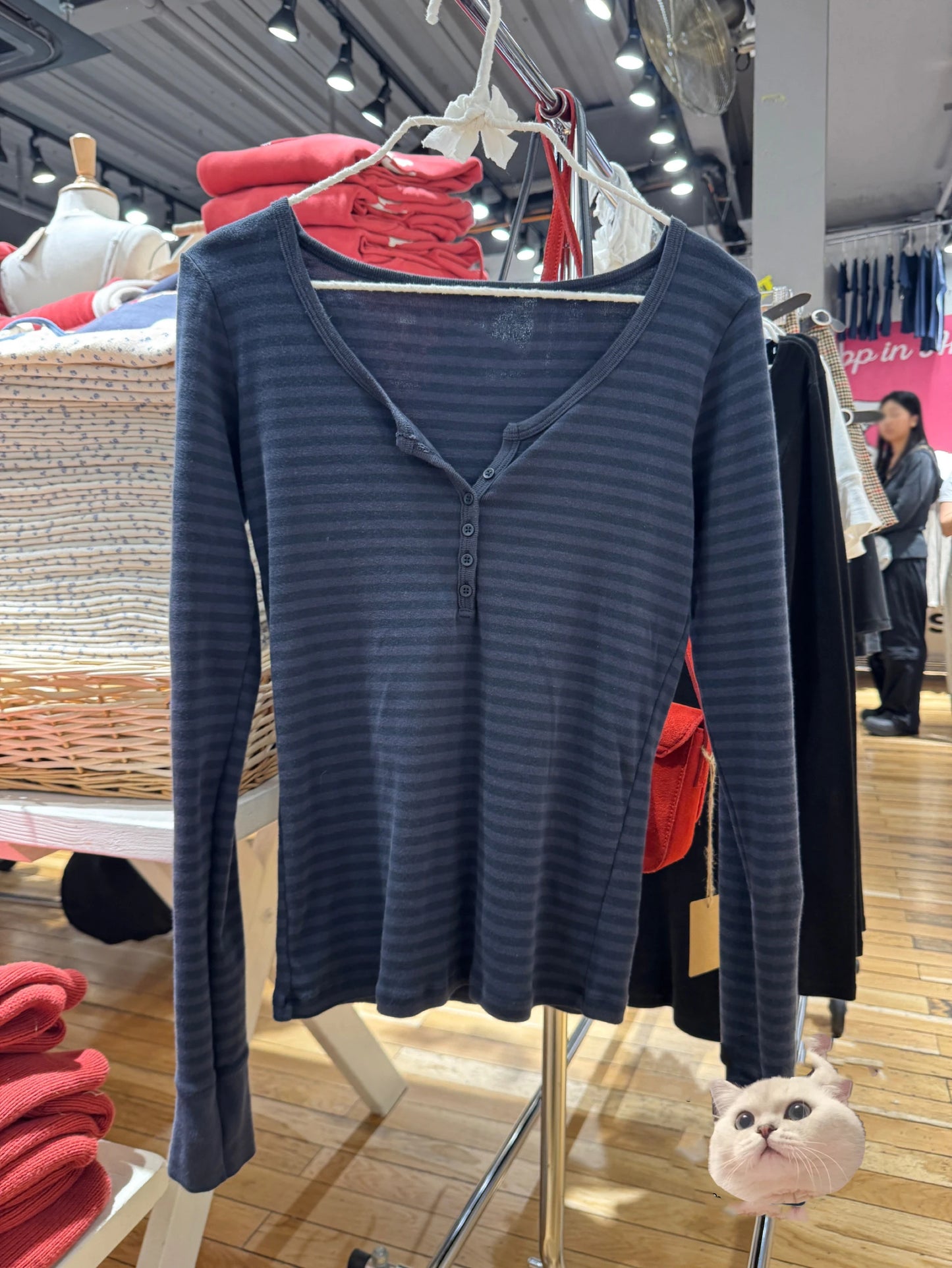 Navy Striped Buttons Long Sleeve Tees Women Casual Chic Cotton T-shirt Cute Preppy Style Slim Tshirt Zelly Tops