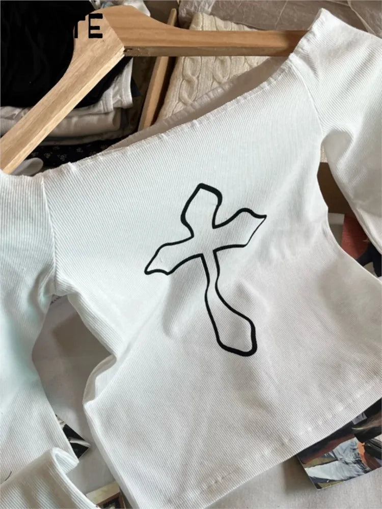 Cross Print Slash Neck Sexy T-shirts Women New Cotton Fashion Simple White Long Sleeve Tees Vintage Chic Sweet Tops Clothes Y2K