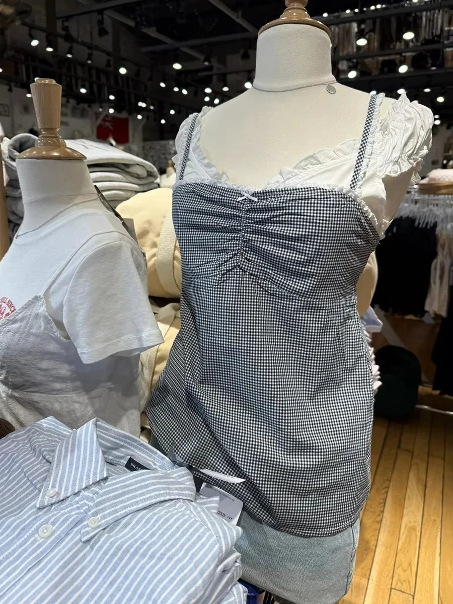 Vintage Plaid Lace Trim Slim Tank Tops Woman Summer Bow Folds Strapless Camisole Female Casual Sweet Preppy Style Vest Y2K Top