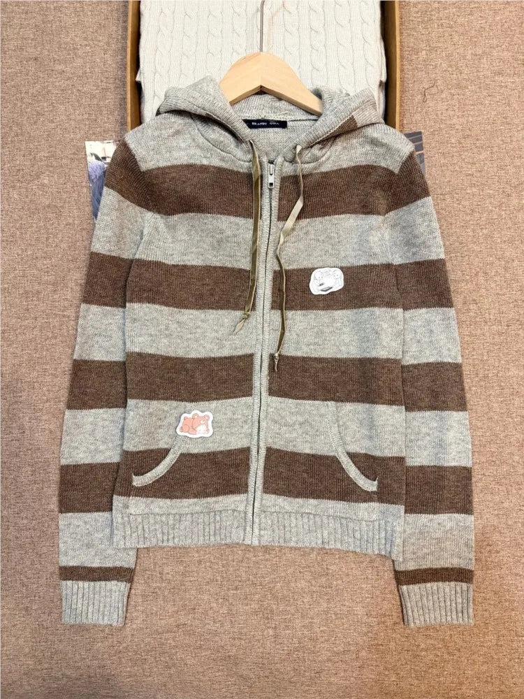 Vintage Gray Striped Cotton Sweater Cardigan Women Autumn Long Sleeve Zipper Knitted Hoodie Preppy Style Chic Sweaters Hooded