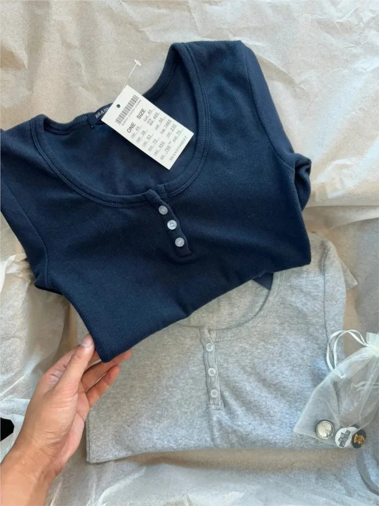 Navy Three Buttons Ribbed Long Sleeve T-shirts Women Soft O-Neck Tshirt Top Female Vintage Cute Preppy Style Y2k Streetwear Tees