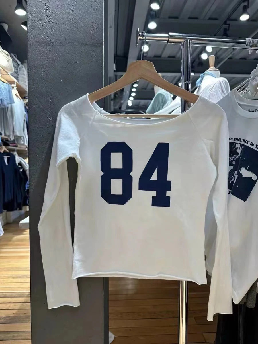 Fashion 84 Print Slim Long Sleeve Tees Women 2024 Simple Casual Raw Hem Slash Neck Tops Female Vintage Chic Sweet T-shirts Y2K