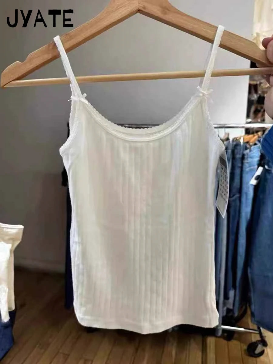 Sweet Bow Lace Trim Camisole Women Summer New Cotton Chic Casual Slim Preppy Style Cropped Vest Vintage Cute Basic Tank Tops Y2K