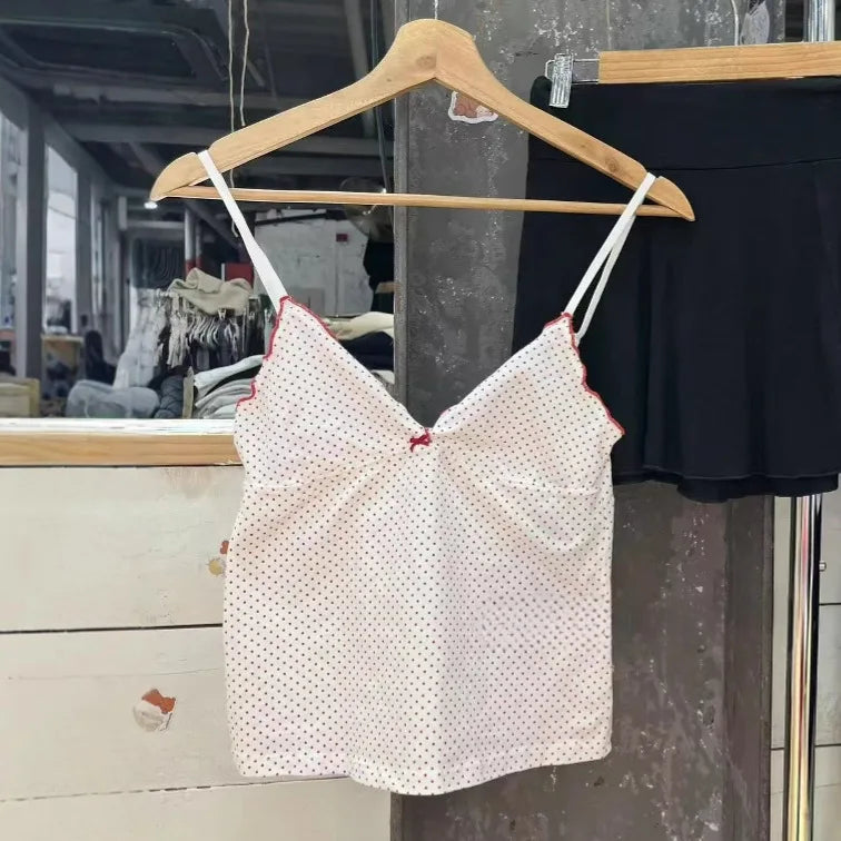 Blue Floral Print Fungus Trim Tank Tops Women Casual Cotton Slim V-neck Sleeveless Bow Camisole Sweet Cute Preppy Style Crop Top