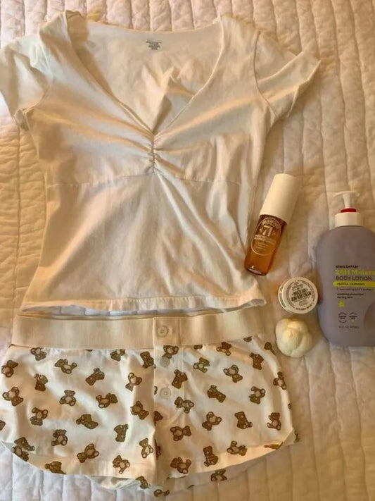 White V Neck T-shirts+little Bear Print Shorts Two Piece Set Cute Home 2 Piece Sets Women Outfit Vintage Cotton Slim Short Sets