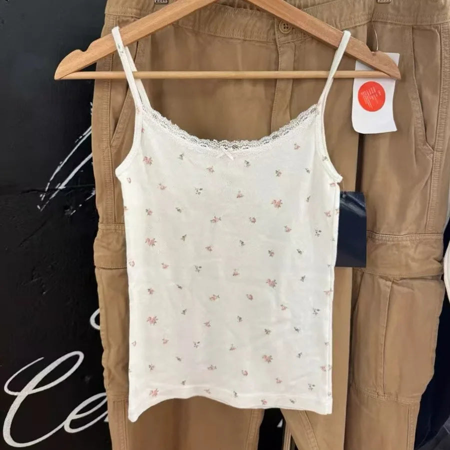 Pink Floral Print Lace Trim Tank Tops Women Summer New Cotton Bow Casual Chic Simple Camisole Girl Sweet Cute Vintage Vests Y2K