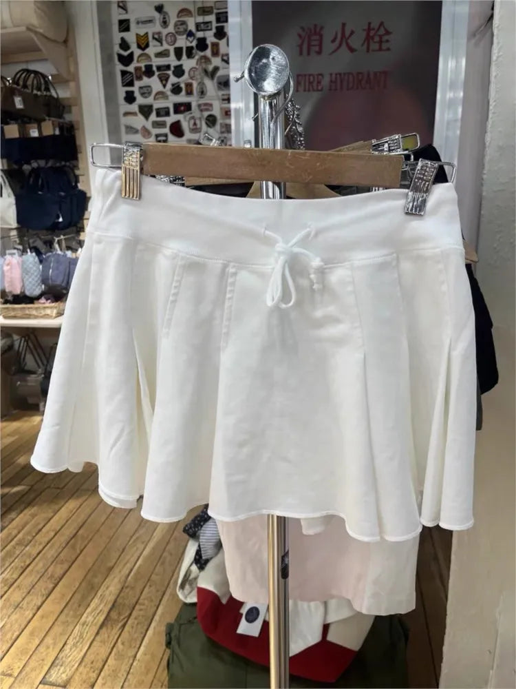 Sweet White Lace-up Pleated Skirt Women Summer Casual Elastic Waist Cotton Sports Skirts Faldas Vintage All-match A-line Short