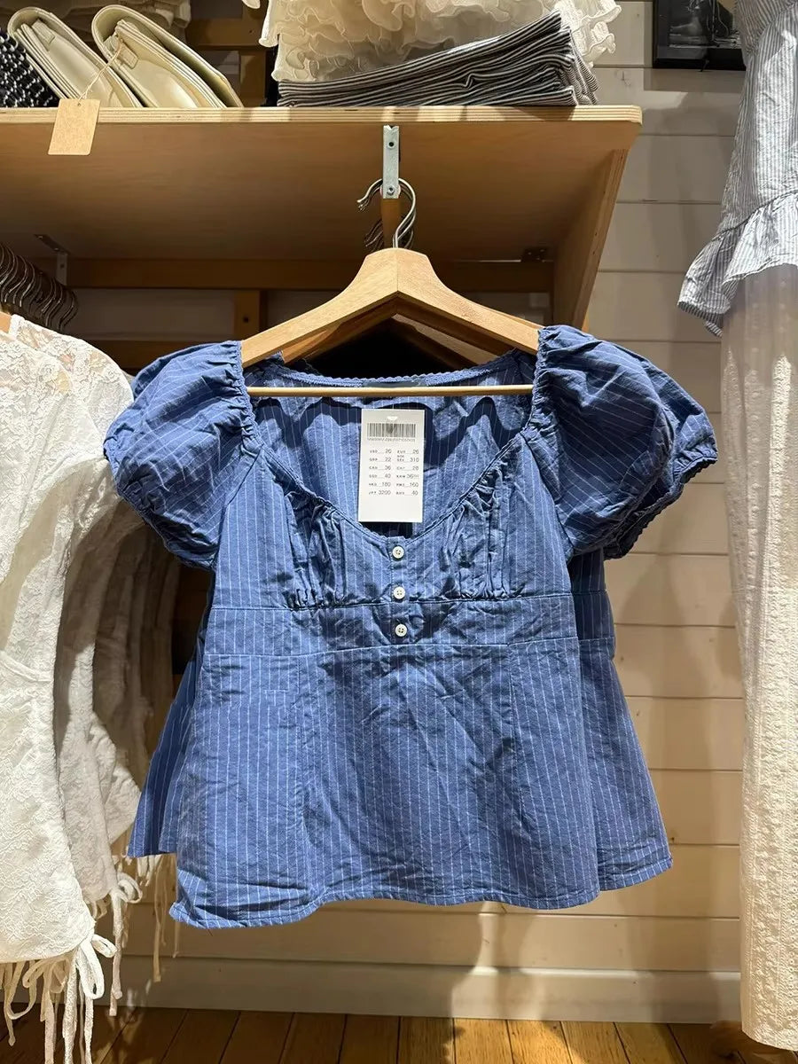 Blue Striped Blouse T-shirts Women Casual Cotton Lace Trim V-neck Sexy Button Crop Tops Sweet Cute Preppy Style Tees Clothes New
