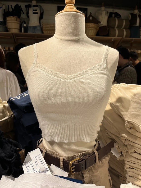 Sweet Lace Trim V-neck Knitted White Camisole Women New Cotton Casual Simple Sleeveless Vests Cute Slim Vintage Cropped Tops Y2K