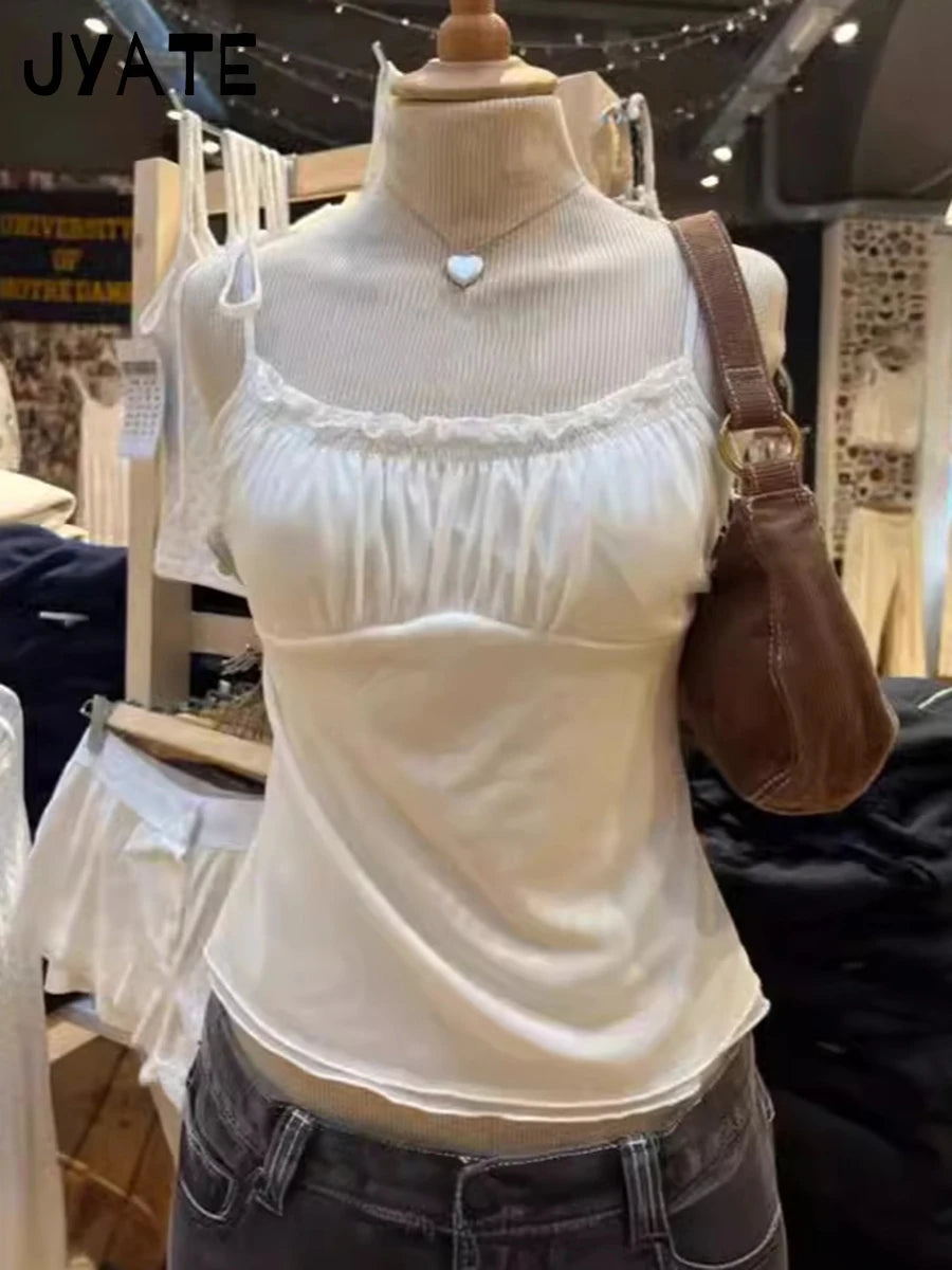 Simple Mesh Sheer Ruffle Tank Tops Women Summer Casual Lace-up Folds Sexy Shoulder Straps Camisole Sweet Cute Chic Crop Top Y2K