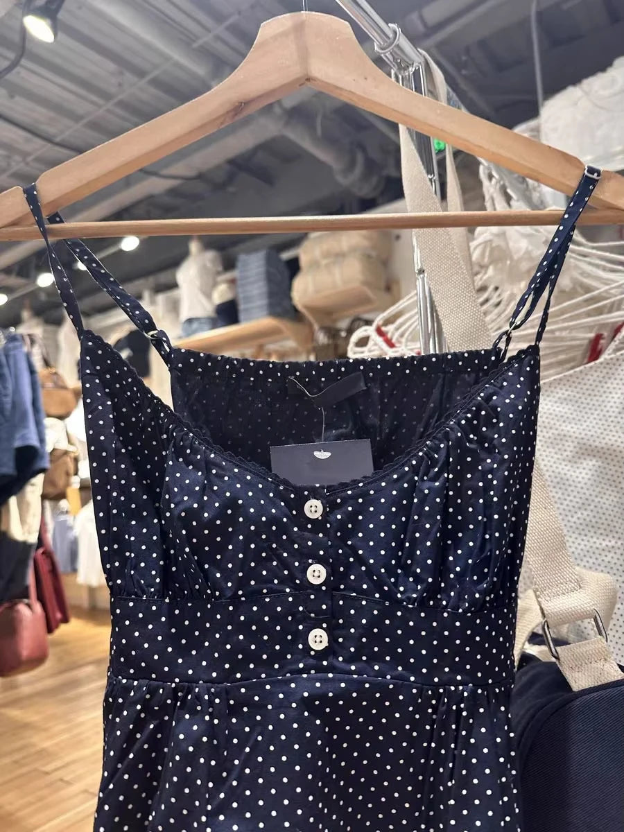 Navy Dot Slim Buttons Tank Top Woman Summer New Lace Trim V-neck Back Lace-up Cotton Camis Clothes Vintage Sweet Crop Tops Y2K