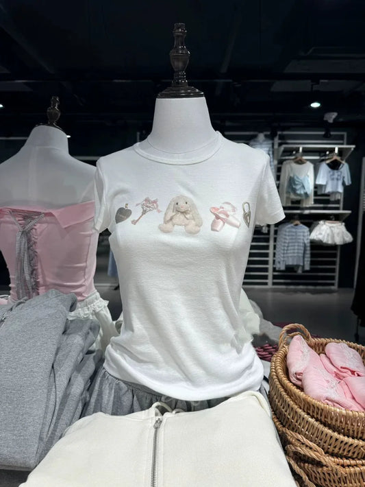 Ballet Girl Rabbit Print T-shirt Woman Summer New Casual Round Neck Cotton Short Sleeve Tees Y2K Sweet Cute Slim Tops for Women