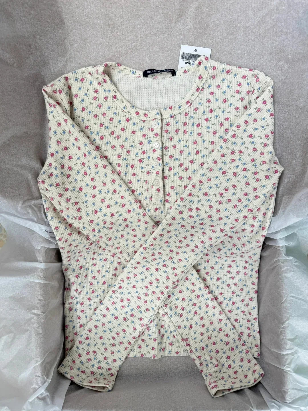 Floral Print Waffle T-Shirt Women Autumn Buttons Round Neck Cotton Slim Long Sleeve Tee Top Vintage Cute Preppy Style Y2K Tshirt