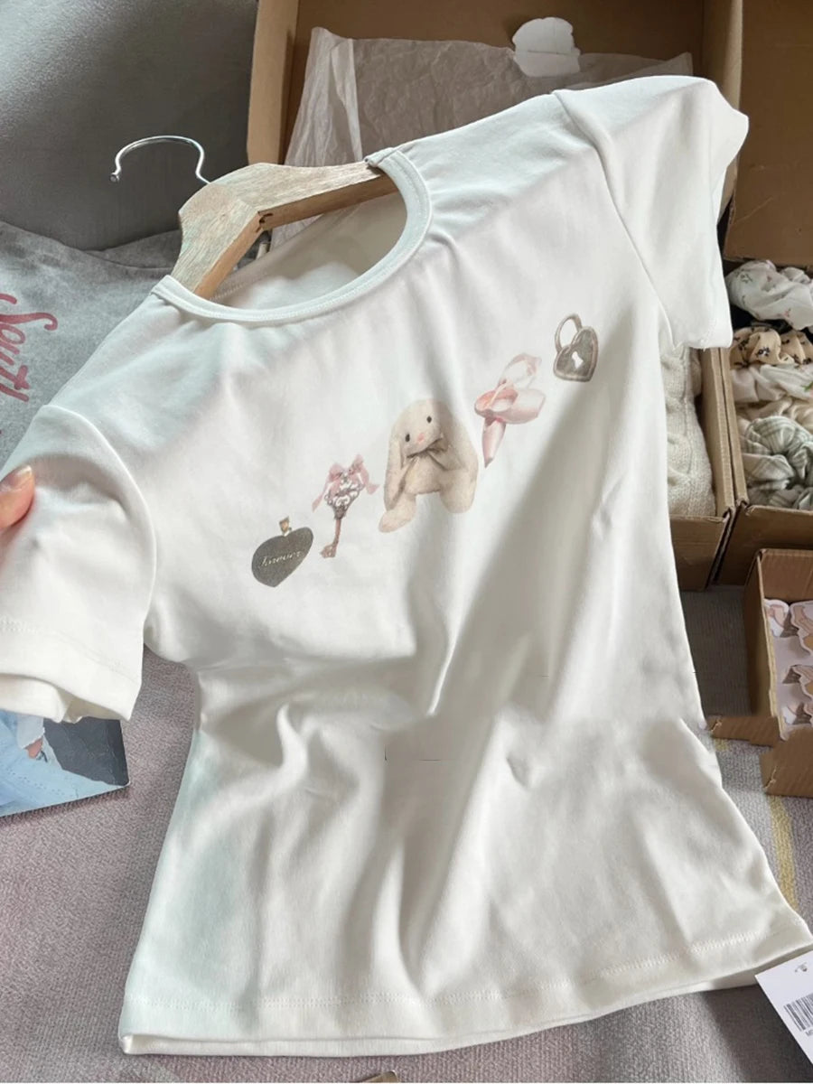 Rabbit Print Ballet Girl T-shirt Woman Summer New Casual Round Neck Cotton Short Sleeve Tees Y2K Sweet Cute Slim Tops for Women
