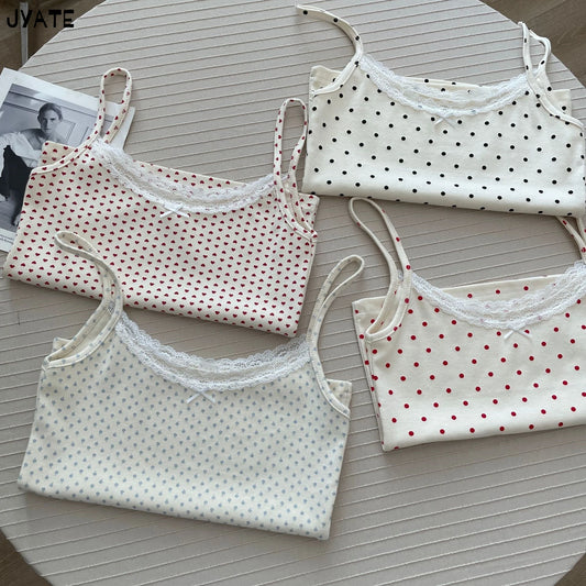 Cute Print Lace Trim Bow Tank Tops Women Cotton Casual Slim Sleeveless Crop Top Female Sweet Preppy Style Camisole Y2K Clothes