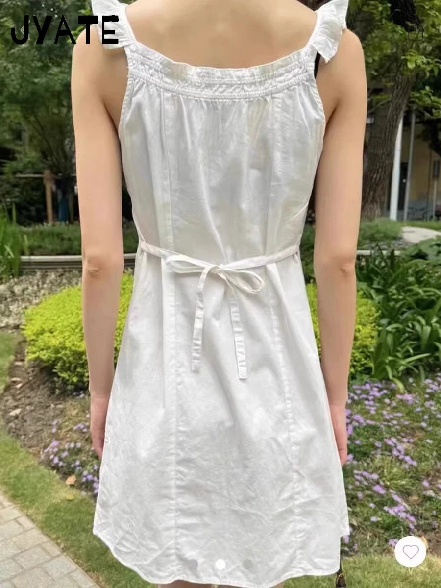 White Ruffled Neck Buttons Mini Dresses Women Summer New Back Lace-up Sleeveless Short Vestidos Sweet Preppy Style Chic Dresses