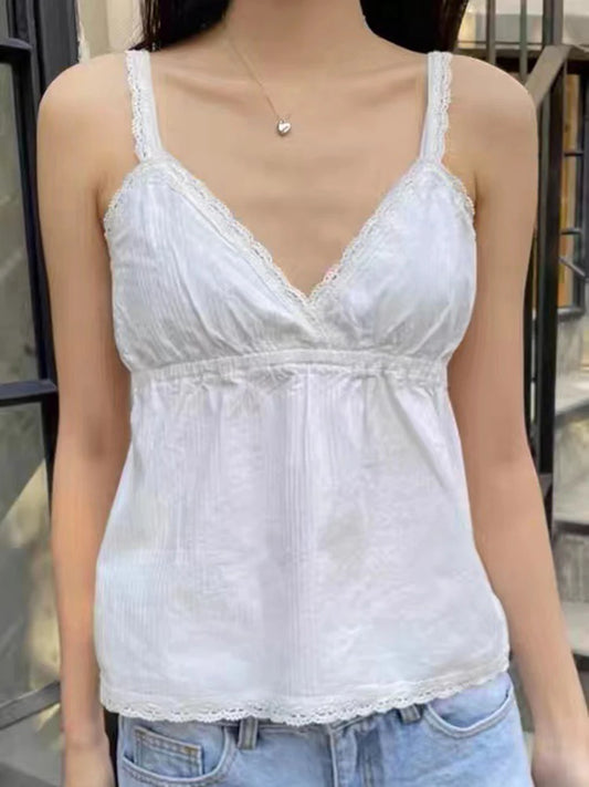 White Lace Trim V-neck Slim Tank Top Women Summer Cotton Aesthetic Streetwear Sleeveless Vests Sweet Vintage Chic Cute Y2K Camis
