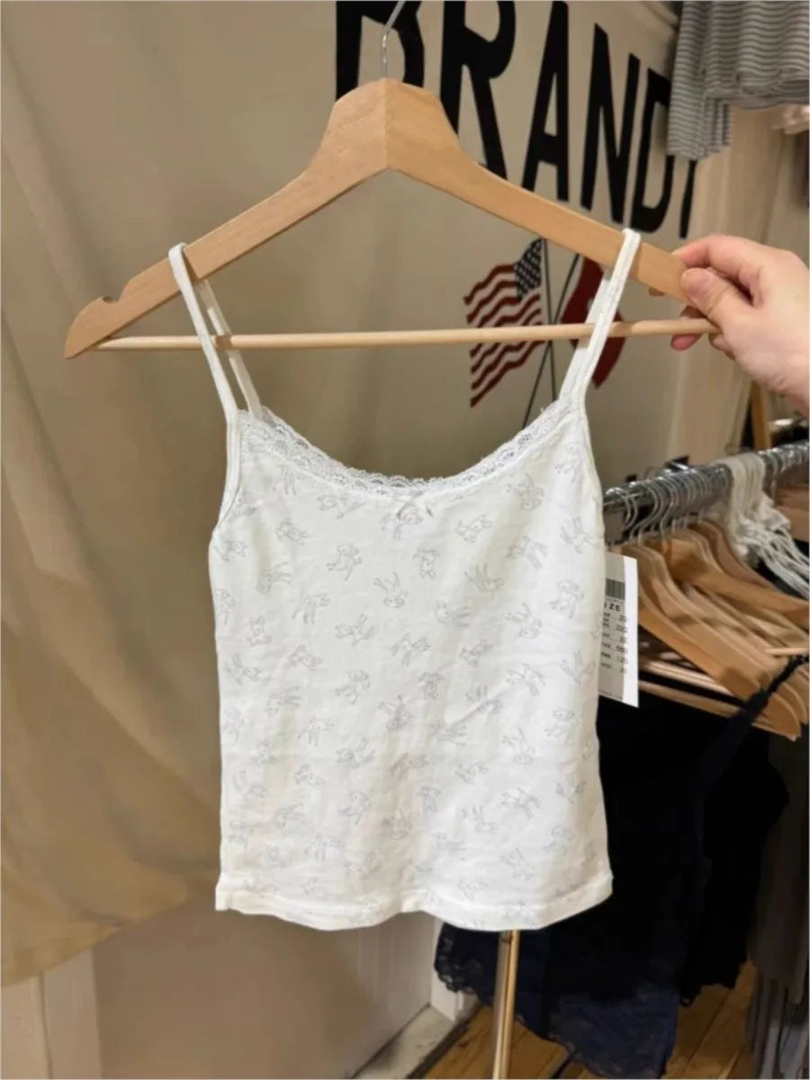 Little Deer Lace Trim Tank Tops Women Summer New Casual Preppy Style Slim Bow Sleeveless Vests Sweet Cute Vintage Camisole Y2K