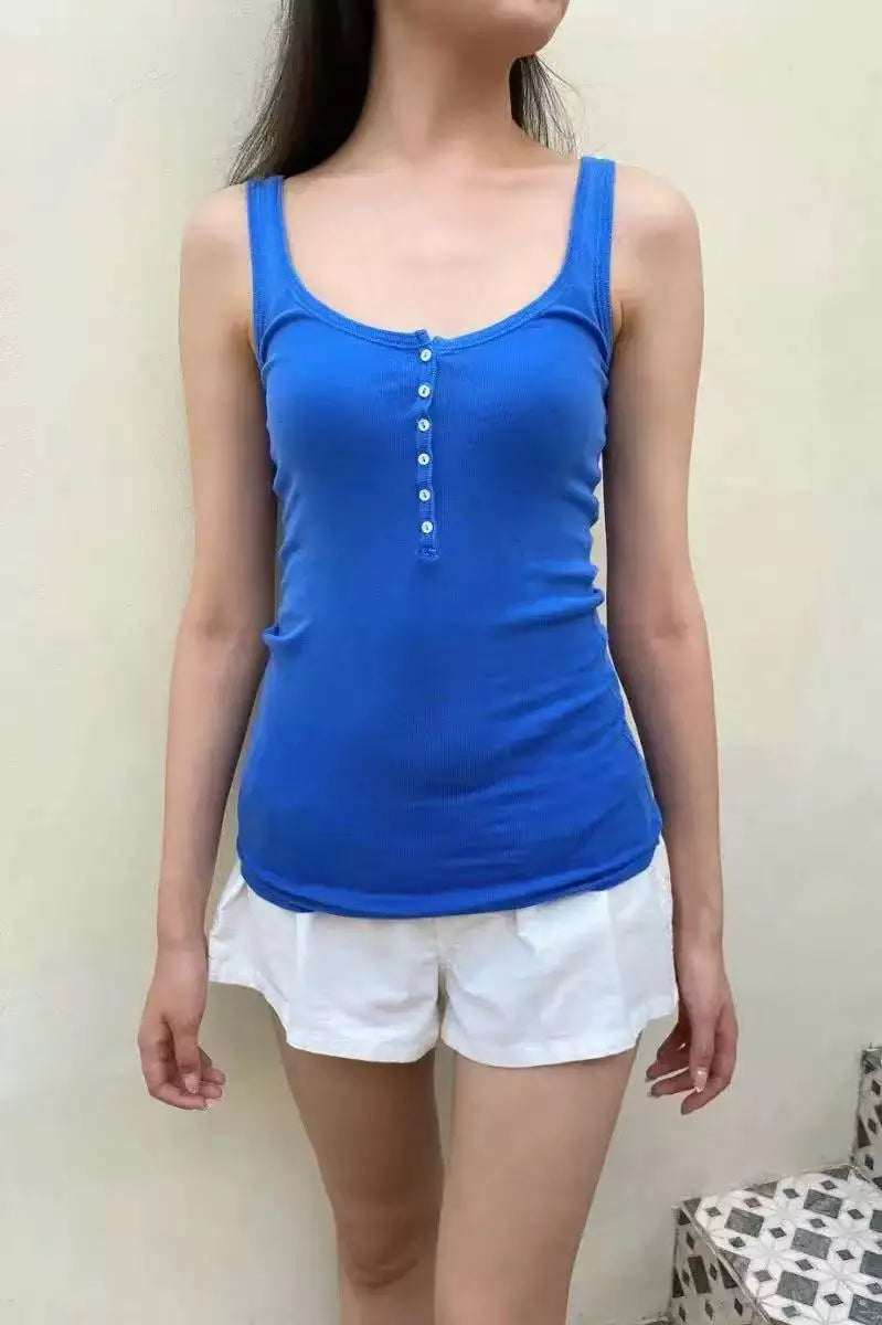 Solid Six Buttons Slim Tank Top Woman Summer Casual Streetwear U Collar Sleeveless Cotton Vest Femal  American Vintage y2k Tops