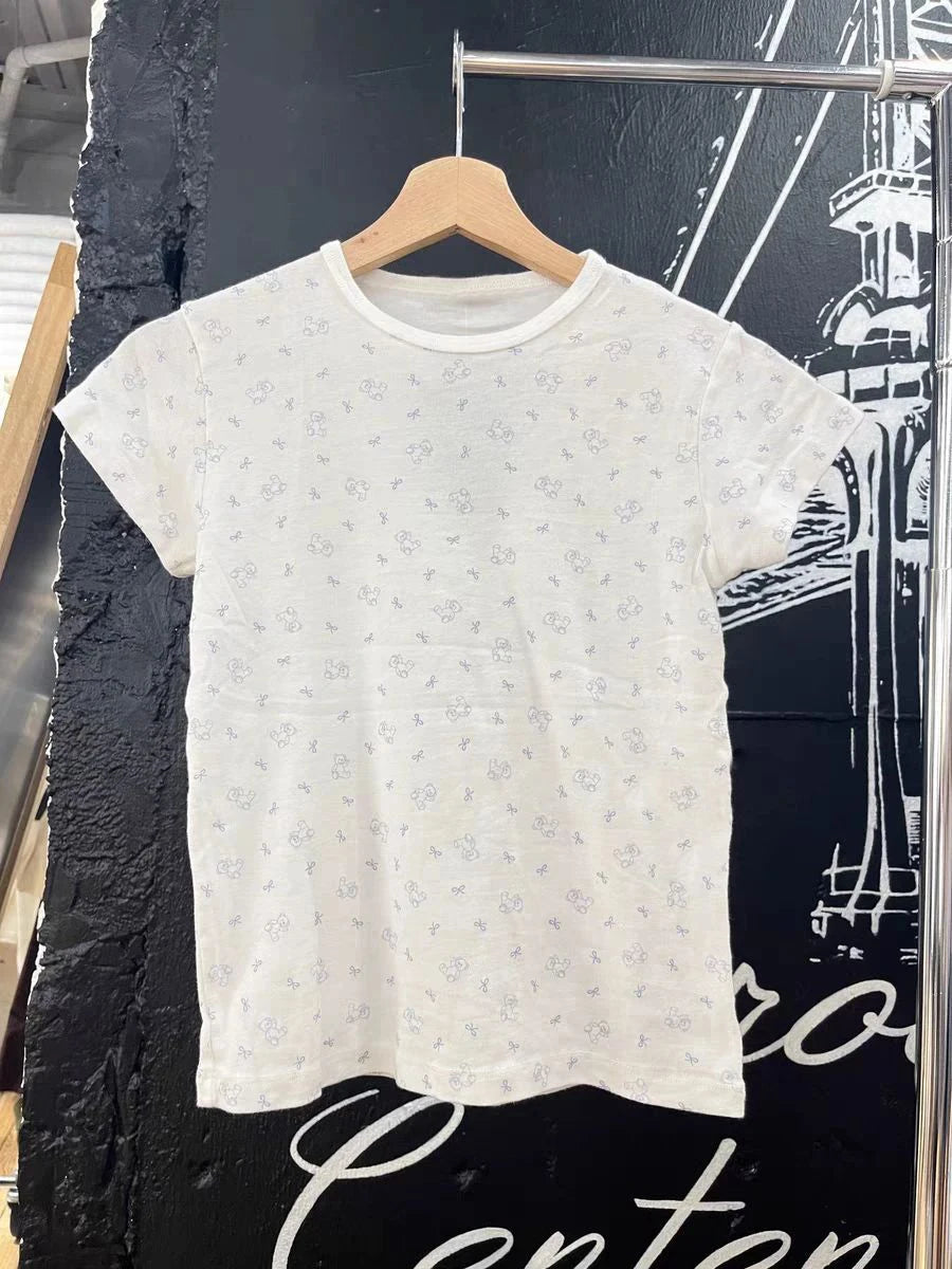 Little Bear Bow Print Slim T-shirt Woman Summer Round Neck Short Sleeve Cottton Tee Shirts Casual Sweet Cute New Tshirt Y2k Tops