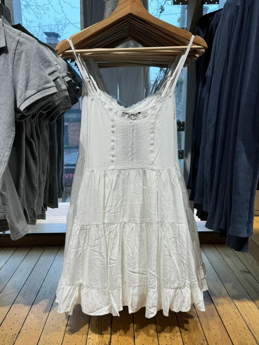 Lace Trim White A-line Dress Women New Elastic Waist V-neck Sleeveless Mini Dresses Vintage Preppy Style Sweet Short Vestido Y2K