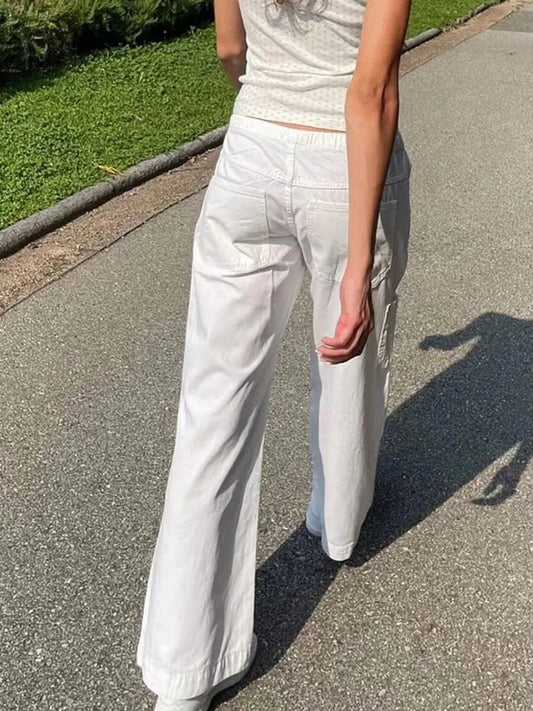 White Drawstring Basic Loose Pants Women Autumn Sexy Low Waist Pockets Straight Long Pant Baggy Streetwear Vintage Trousers Y2K