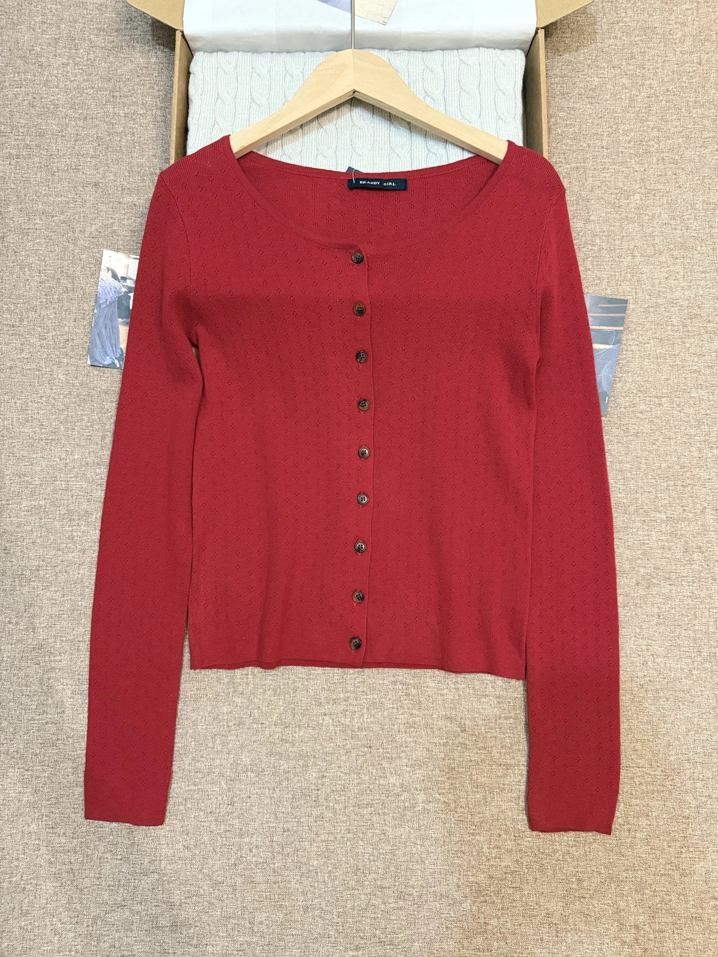 Simple Red Eyelet Cotton Knitted Cardigan Women Autumn New Casual Streetwear  Buttons Long Sleeve Coat Sweet Basic Sweaters Tops
