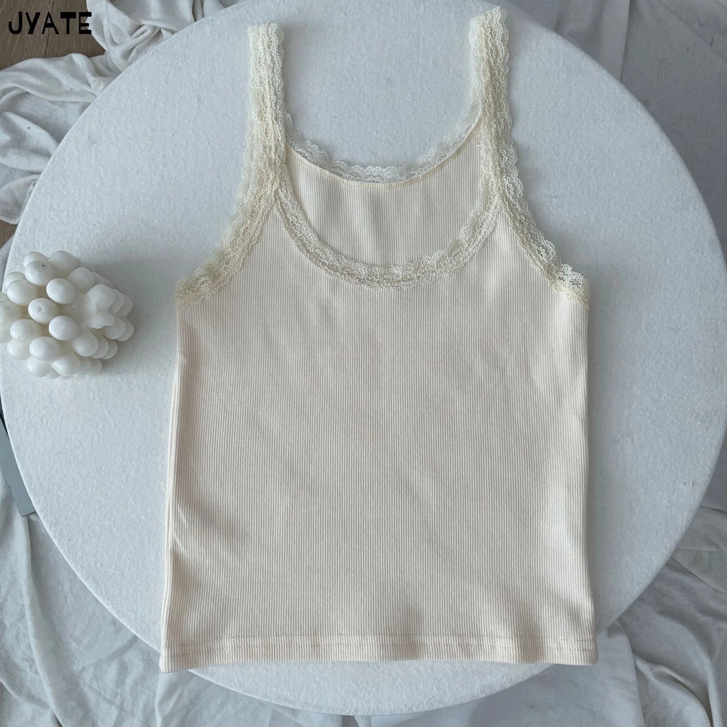 Sweet Lace Trim Cotton Sleeveless Vest Women Summer New Casual Slim U-neck Sexy Tank Tops Cute Vintage Preppy Style Camisole Y2K