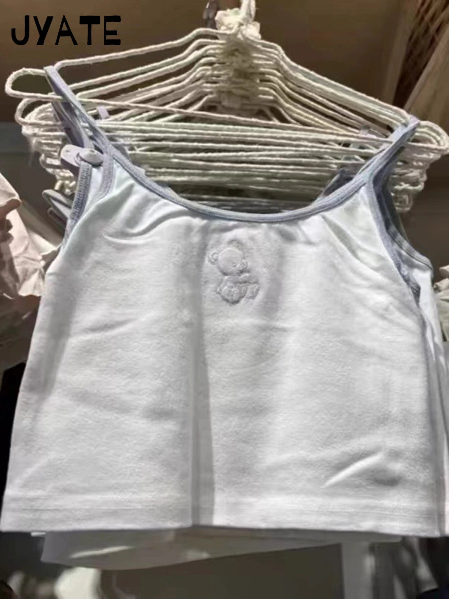 Little Bear Embroidery Blue Patchwork Camisole Women New Preppy Style Casual Slim Sleeveless Vests Vintage Sweet Cute Tank Tops