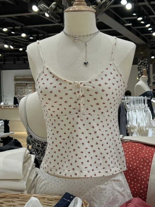 Red Floral Button Camisole Women Summer Casual Streetwear Slim Sleeveless Tank Tops Sweet Vintage Simple Vests Y2K