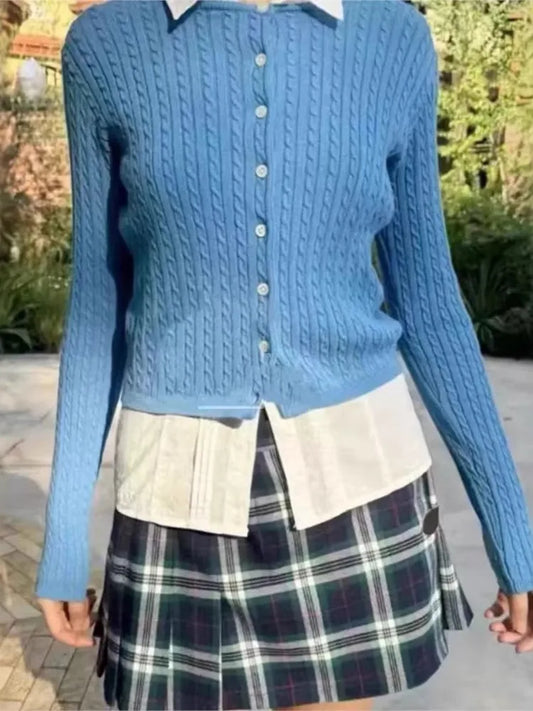 New Blue Twisted Flower Knit Cardigan Women Autumn Casual O-neck Single-breasted Slim Crop Tops Vintage Preppy Style Sweater Y2K