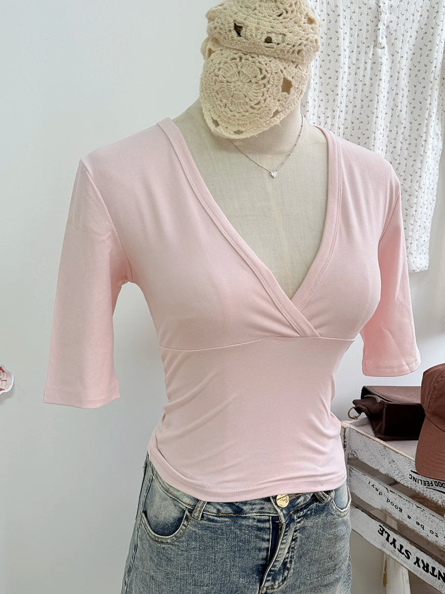 Pink V-neck Slim Crop Tops Women Summer Streetwear Simple Basic Cotton Half Sleeve Tees Sweet Cute Preppy Style T-shirts Y2K