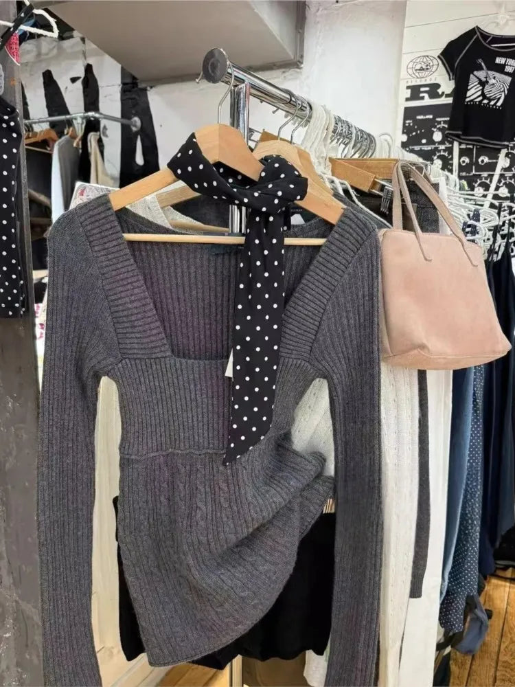 Square Neck Raw Hem Knitwear Women Cotton Streetwear Twisted Flower Long Sleeve Pullover Top Vintage Preppy Style Sweet Sweaters