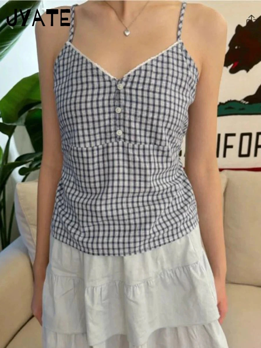 Lace Trim Navy Plaid Tank Shorts 2 Piece Sets Women New Buttons Lace-up Camis+Drawstring Sweatshorts Vintage Chic Sweet Home Set