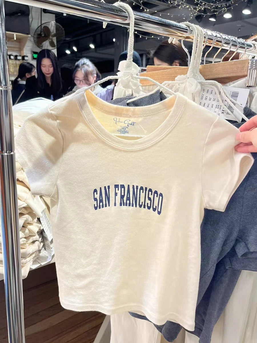 Classic Letter Print T-shirts Women Summer Cotton Soft Slim O-neck Short Sleeve Tees Female Vintage Streetwear Sweet Crop Tops