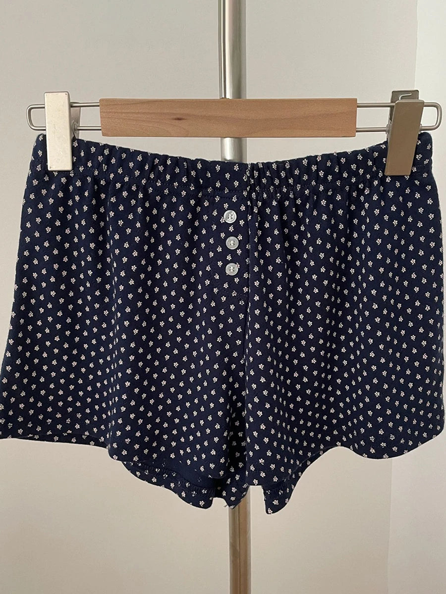 Sweet Eyelet Floral Print Short Pants Women Three Buttons High Waist Straight Home Cozy Underwear Casual Cute Cotton Shorts Y2K