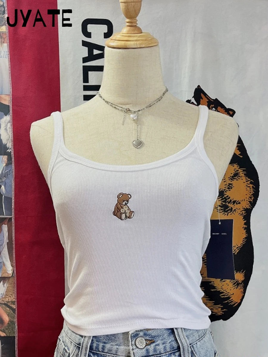 Pink Little Deer Embroidery Tank Tops Women New Ribbed Cotton Raw Hem U Collar Slim Sleeveless Vests Cute Sweet Vintage Camisole