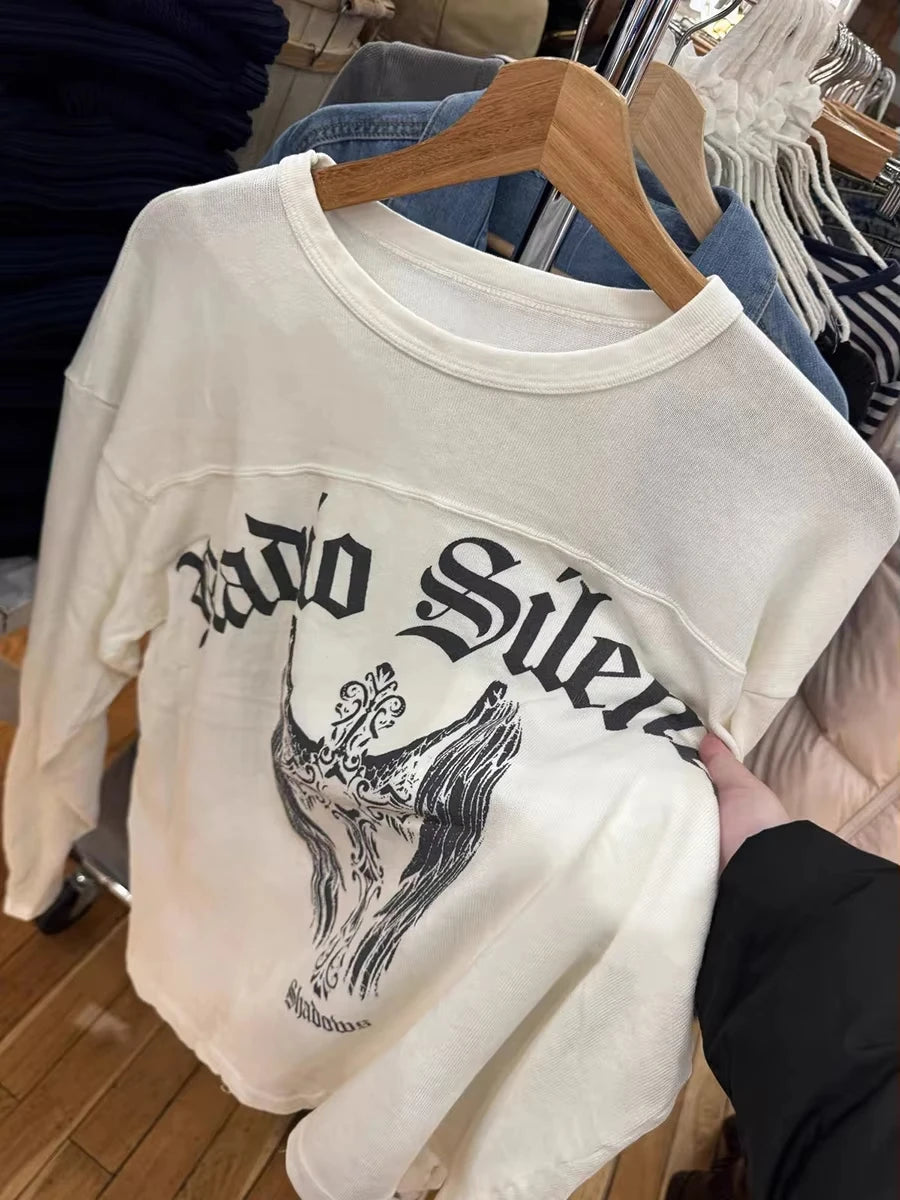 Wing Letter Print T-shirt Woman Spring O-neck Cotton White Long Sleeve Tshirt Female Vintage Streetwear Preppy Style Tee Tops