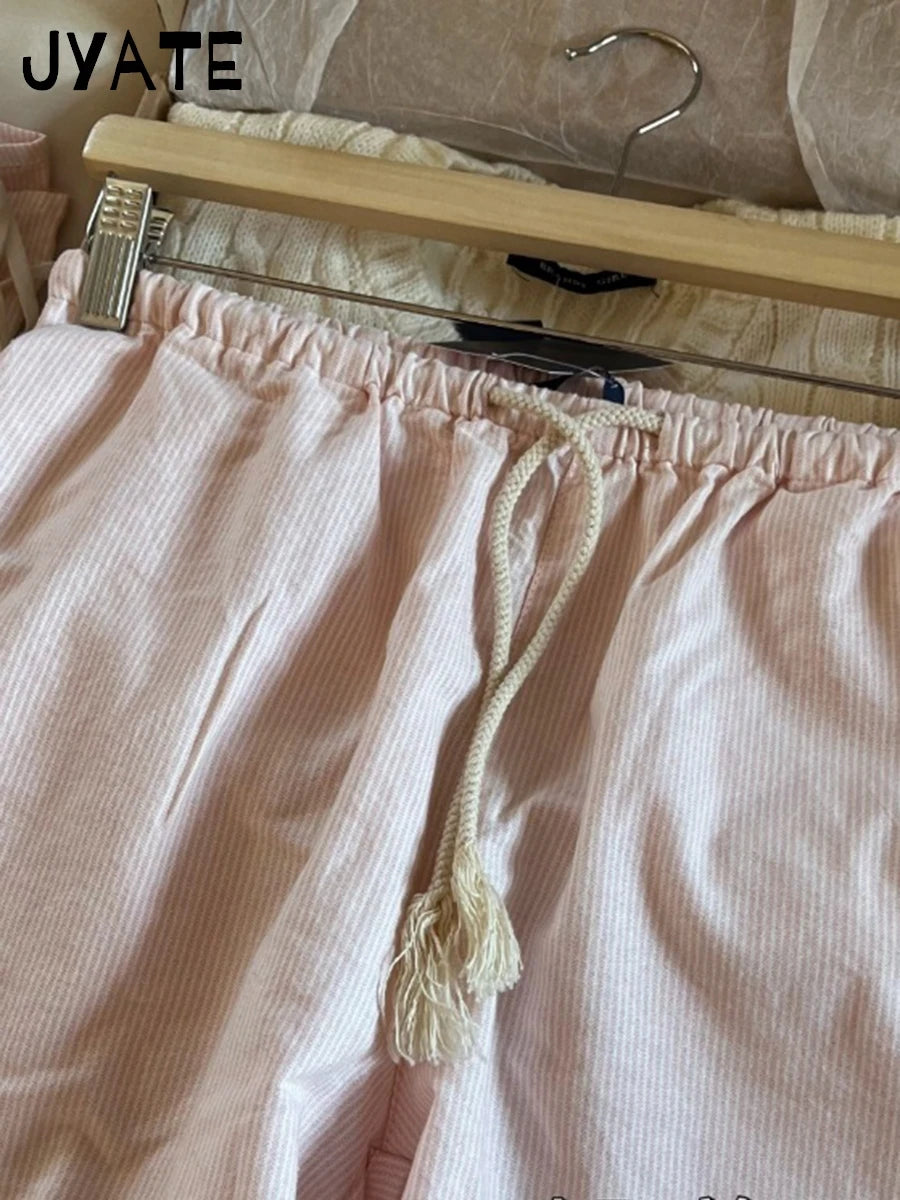 New Pink Striped Drawstring Long Pants Women Cotton Casual High Waist Simple Wide Leg Pant Vintage Loose Streetwear Chic Trouser