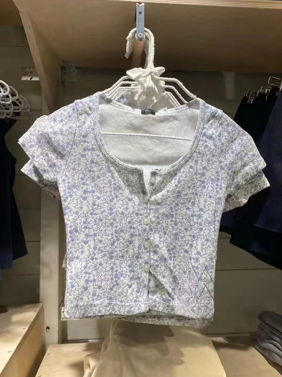 Sweet Floral Print O-neck Cotton Short Sleeve Tee Women New Casual Slim Single-breasted Crop Tops Vintage Cute Chic Y2K T-shirts