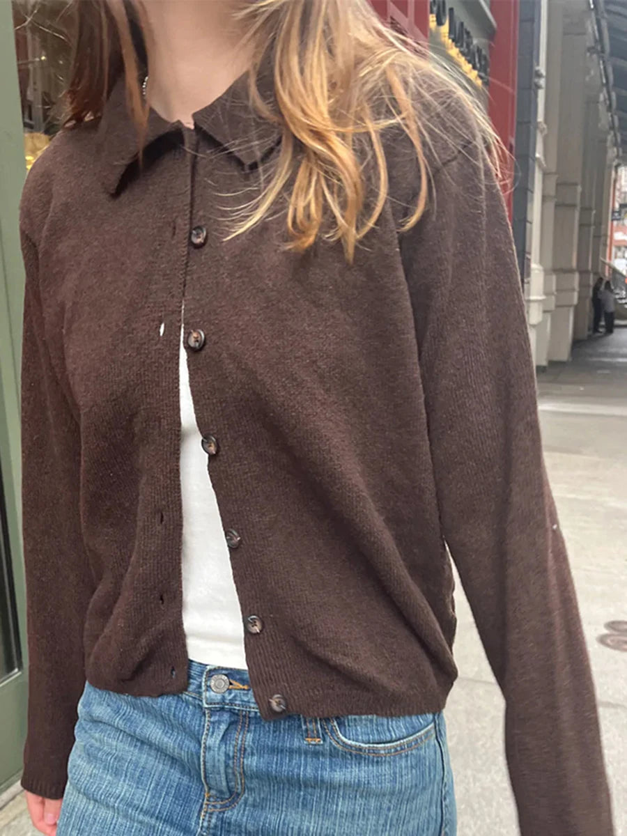 Preppy Style Gray Cotton Soft Sweaters Coat Women Chic Turn Down Collar Buttons Knitted Cardigan Sweet Simple Cute Sweater Tops