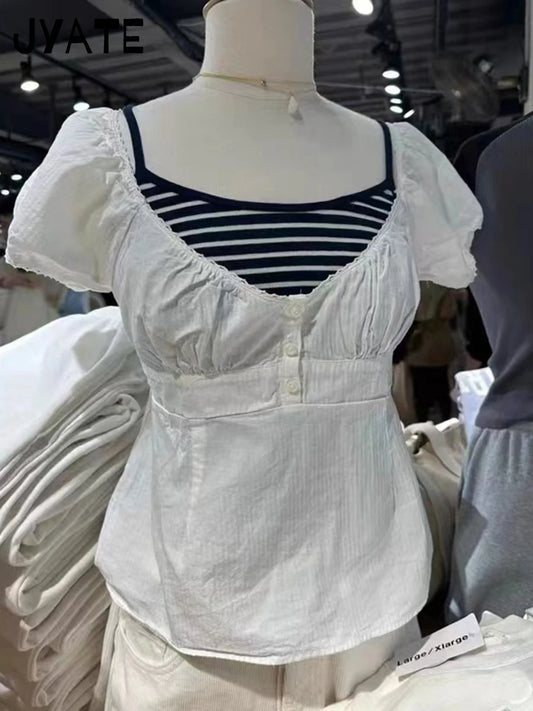 White Striped V-neck Buttons T-shirts Women New Casual Cotton Lace Trim Sexy Crop Tops Sweet Cute Preppy Style Blouse Tees Y2K