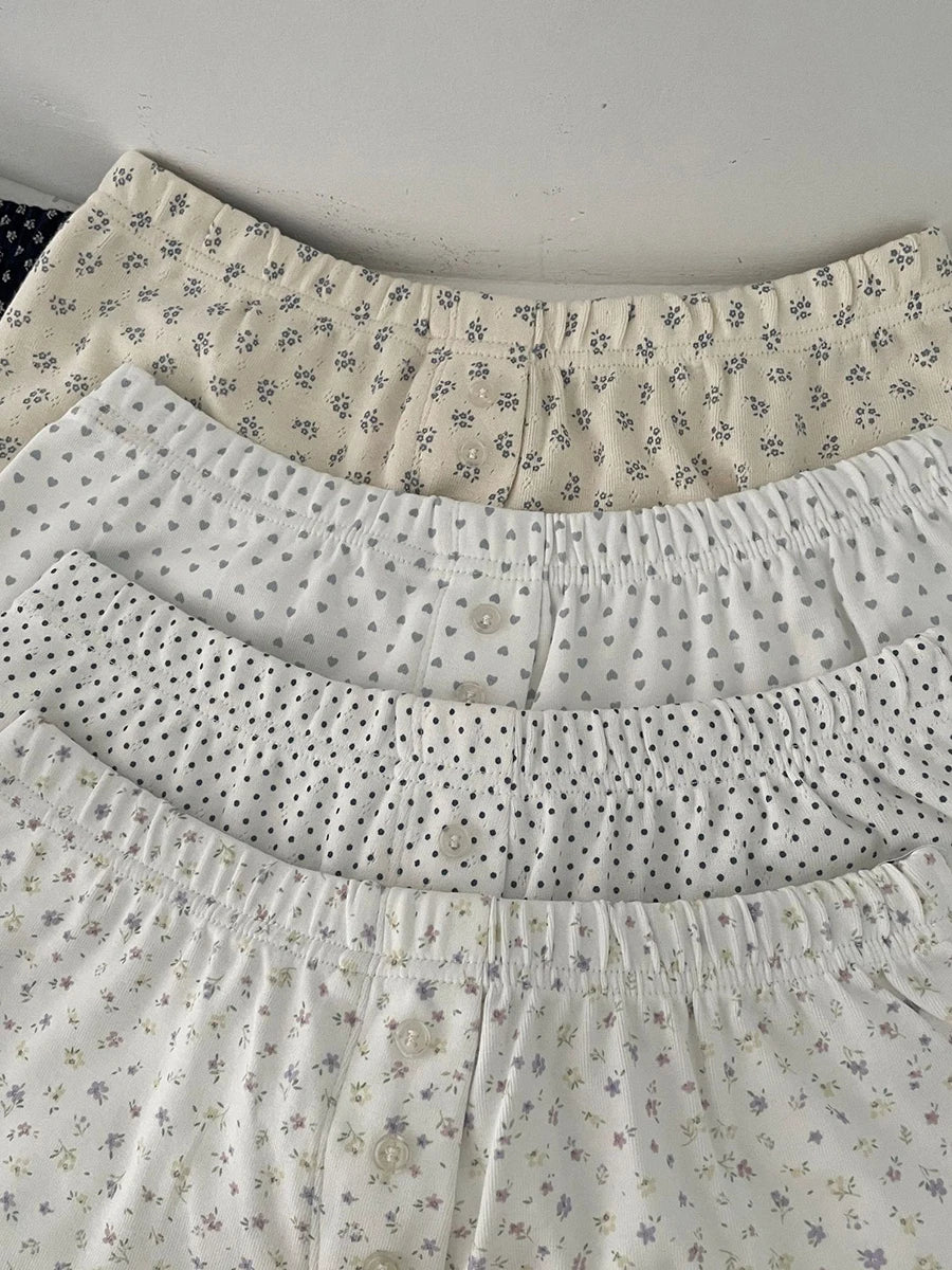 Sweet Eyelet Floral Print Short Pants Women Three Buttons High Waist Straight Home Cozy Underwear Casual Cute Cotton Shorts Y2K