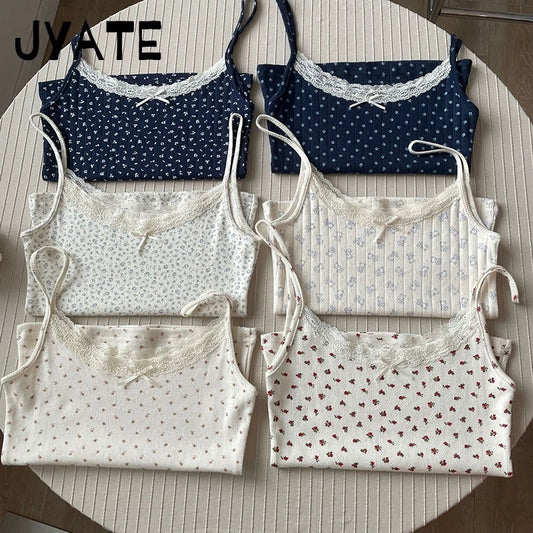 Lace Trim Floral Eyelet Tank Tops Women New Summer Cotton Bow Slim Preppy Style Cropped Vests Sweet Vintage Chic Camisole Y2K
