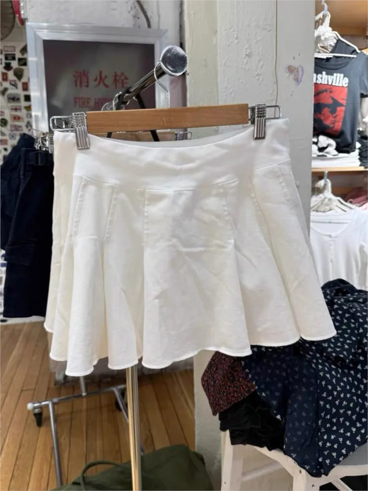 Sweet White Lace-up Pleated Skirt Women Summer Casual Elastic Waist Cotton Sports Skirts Faldas Vintage All-match A-line Short