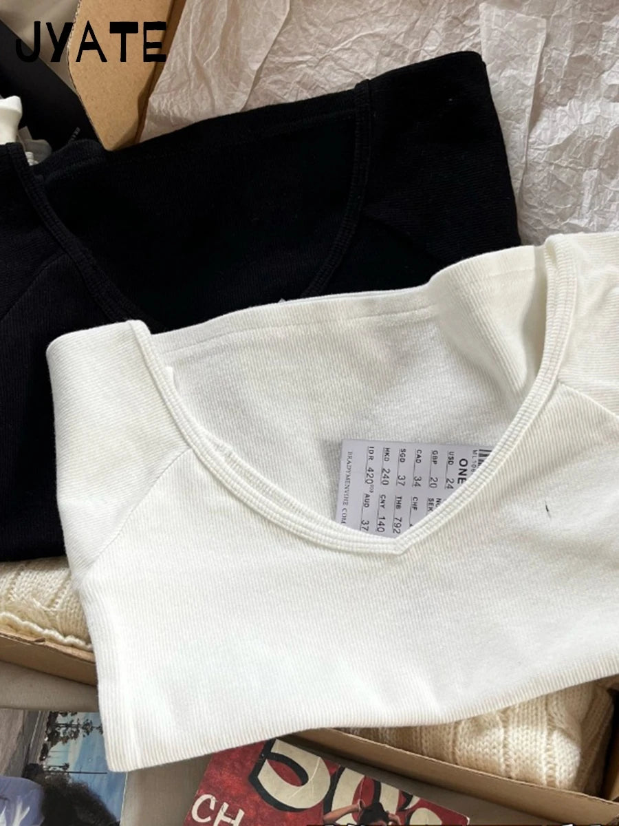 Simple Basic V-neck Ribbed Short Sleeve Tees Women Summer New Slim Sexy Cotton Casual Tops Vintage Preppy Chic T-shirts Y2K 2024
