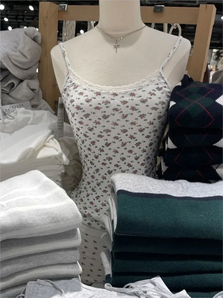 Sweet Red Floral Eyelet Slim Tank Top Women Spring Lace Trim Sleeveless Cotton Crop Tops Casual Cute Preppy Style Y2K Camis New
