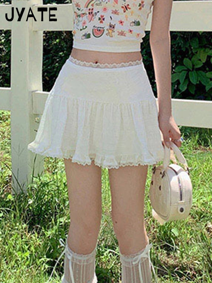Sweet White Lace Trim Mini Skirts Women Summer Cotton High Waist Folds Texture Short Faldas Cute Preppy Style Y2K A-line Skirt