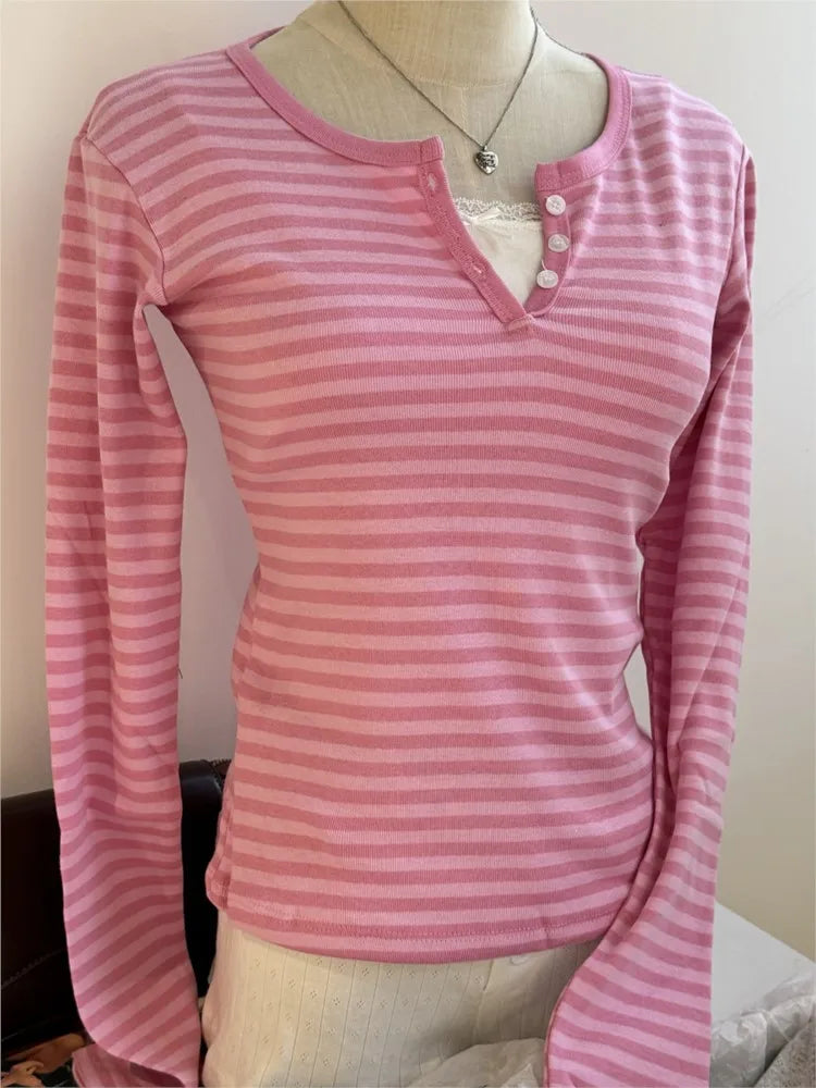 Sweet Button Long Sleeve Tees Women Spring New Cotton Rose Pink Striped Slim Zelly Tops Simple Chic Preppy Style T-shirts