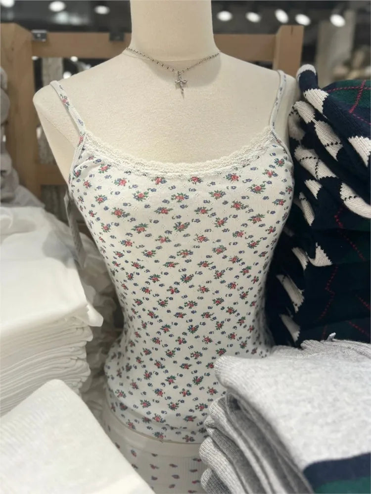 Red Floral Eyelet Slim Tank Top Women Spring Lace Trim Sleeveless Cotton Crop Tops Casual Sweet Cute Preppy Style Y2K Camisole